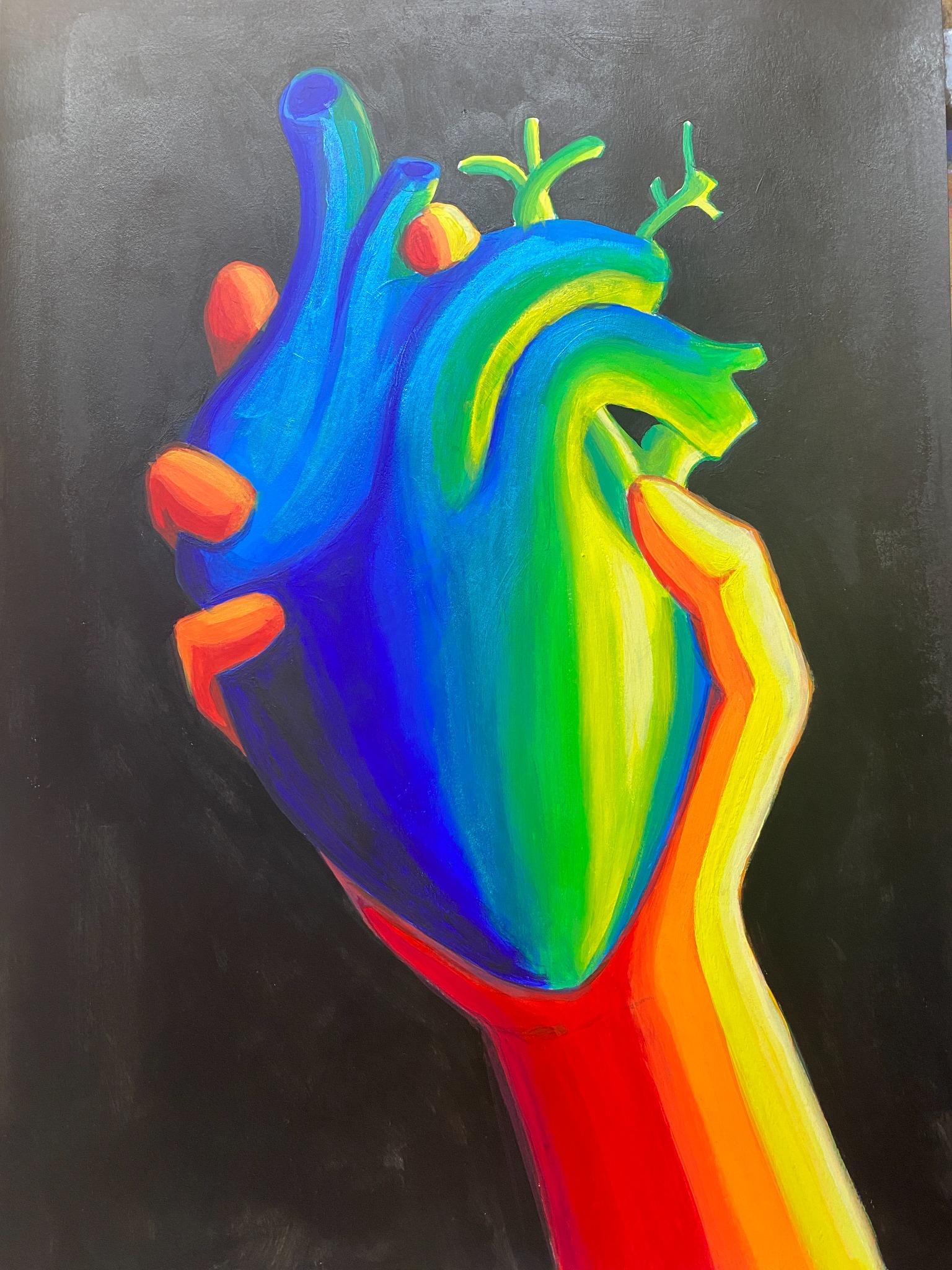 thePaul's drawing of a vivid blue, green and yellow anatomical heart held in a multicolored hand